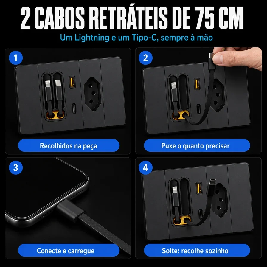 Cabos retráteis Lightning e Tipo-C de 75cm da Plugmax
