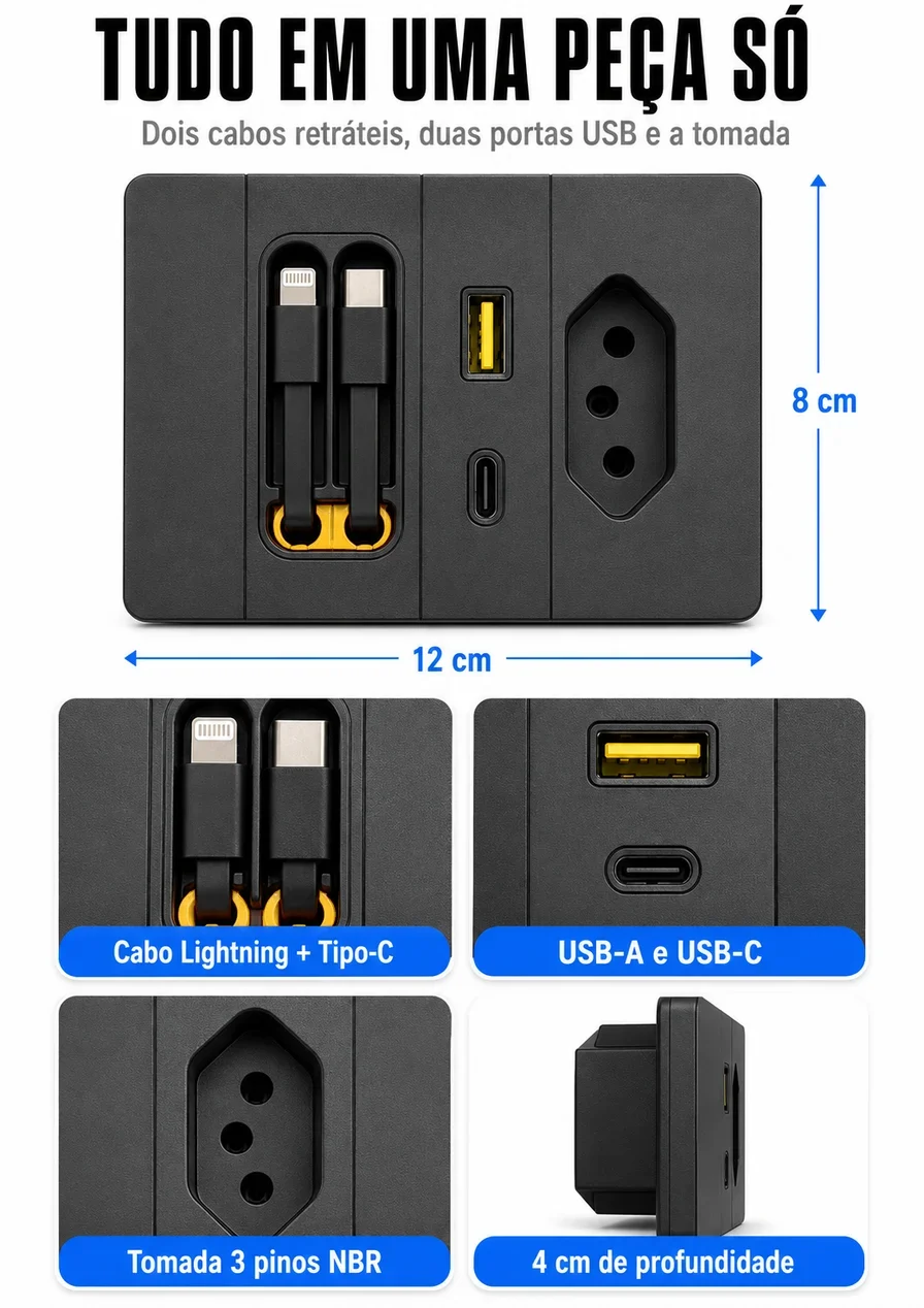 Funções da Tomada Inteligente Plugmax: tomada, USB, USB-C e cabos retráteis