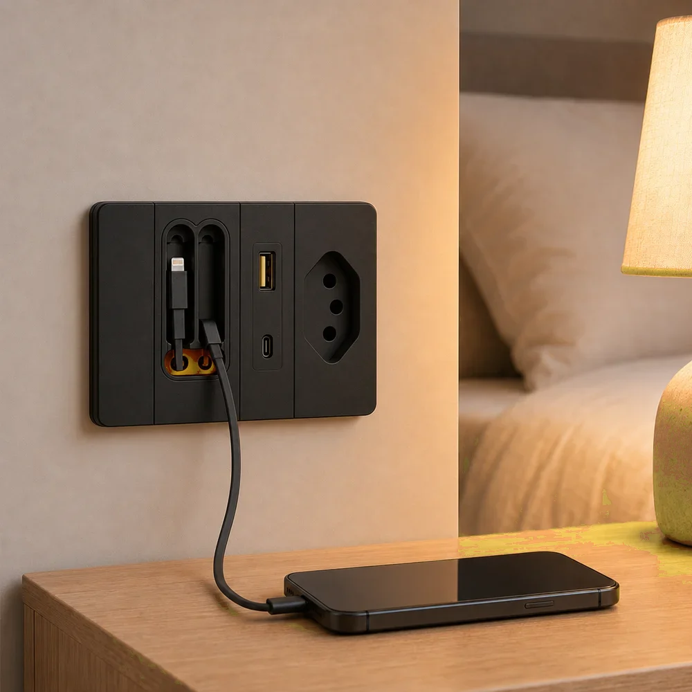 Tomada Inteligente Plugmax — tomada, USB, USB-C e 2 cabos retráteis — imagem 2 da galeria